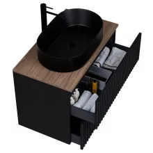 HD Rapallo Pro Matt Black 60 komplett fürdőszoba bútor szett fali push-to-open mosdószekrénnyel, tölgyfa színű mosdópulttal, tükörrel és magasszekrénnyel