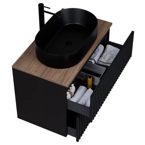 HD Rapallo Pro Matt Black 60 komplett fürdőszoba bútor szett fali push-to-open mosdószekrénnyel, tölgyfa színű mosdópulttal, tükörrel és magasszekrénnyel