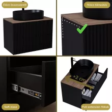 HD Rapallo Pro Matt Black 60 komplett fürdőszoba bútor szett fali push-to-open mosdószekrénnyel, tölgyfa színű mosdópulttal, tükörrel és magasszekrénnyel