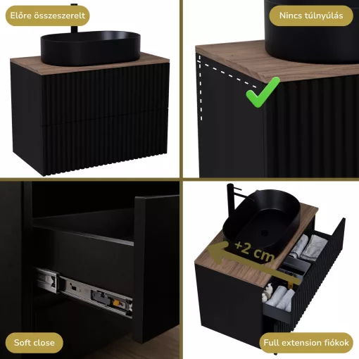 HD Rapallo Pro Matt Black 60 komplett fürdőszoba bútor szett fali push-to-open mosdószekrénnyel, tölgyfa színű mosdópulttal, tükörrel és magasszekrénnyel