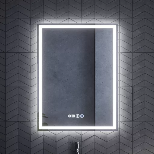 HD Rapallo Pro Matt Black 60 komplett fürdőszoba bútor szett fali push-to-open mosdószekrénnyel, tölgyfa színű mosdópulttal, tükörrel és magasszekrénnyel