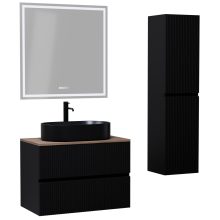HD Turin Matt Black 60 komplett fürdőszoba bútor szett fali mosdószekrénnyel, tölgyfa színű mosdópulttal, tükörrel és magasszekrénnyel