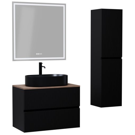 HD Turin Matt Black 60 komplett fürdőszoba bútor szett fali mosdószekrénnyel, tölgyfa színű mosdópulttal, tükörrel és magasszekrénnyel