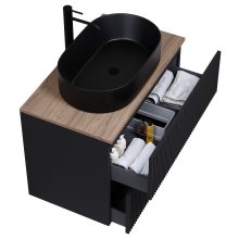 HD Turin Matt Black 60 komplett fürdőszoba bútor szett fali mosdószekrénnyel, tölgyfa színű mosdópulttal, tükörrel és magasszekrénnyel