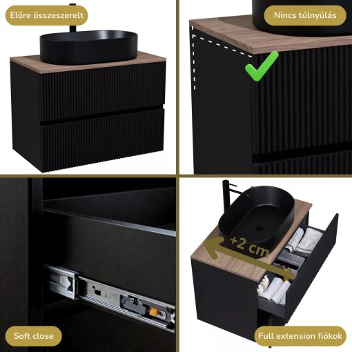 HD Turin Matt Black 60 komplett fürdőszoba bútor szett fali mosdószekrénnyel, tölgyfa színű mosdópulttal, tükörrel és magasszekrénnyel