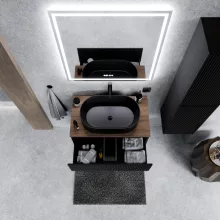 HD Turin Matt Black 60 komplett fürdőszoba bútor szett fali mosdószekrénnyel, tölgyfa színű mosdópulttal, tükörrel és magasszekrénnyel