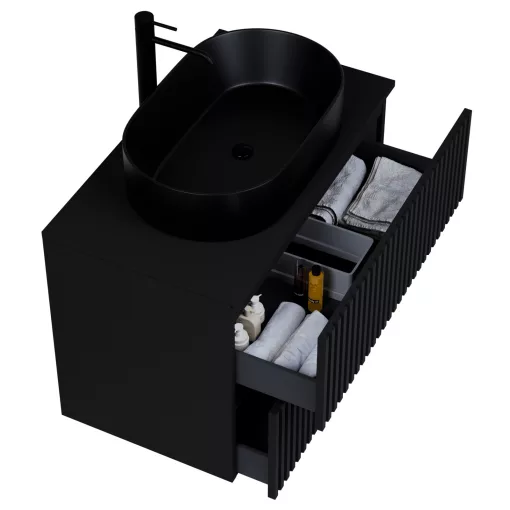 HD Rapallo Pro Matt Black 60 fali mosdószekrény, push-to-open mechanizmussal, fekete mosdópulttal