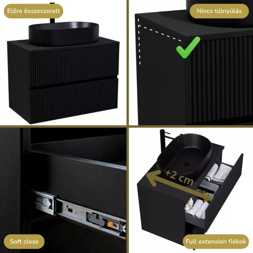 HD Turin Matt Black 60/80 fali mosdószekrény fekete mosdópulttal