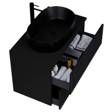 HD Rapallo Pro Matt Black 60 komplett fürdőszoba bútor fali push-to-open mosdószekrénnyel, fekete mosdópulttal és tükörrel