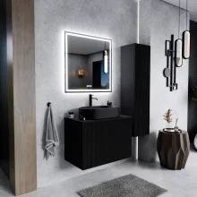 HD Rapallo Pro Matt Black 60 komplett fürdőszoba bútor fali push-to-open mosdószekrénnyel, fekete mosdópulttal és tükörrel