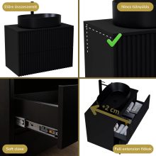 HD Rapallo Pro Matt Black 60 komplett fürdőszoba bútor fali push-to-open mosdószekrénnyel, fekete mosdópulttal és tükörrel