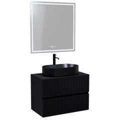   HD Turin Matt Black 60/80 komplett fürdőszoba bútor fali mosdószekrénnyel, fekete mosdópulttal és tükörrel