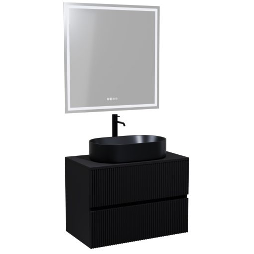 HD Turin Matt Black 60/80 komplett fürdőszoba bútor fali mosdószekrénnyel, fekete mosdópulttal és tükörrel