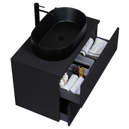 HD Turin Matt Black 60/80 komplett fürdőszoba bútor fali mosdószekrénnyel, fekete mosdópulttal és tükörrel