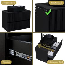 HD Turin Matt Black 60/80 komplett fürdőszoba bútor fali mosdószekrénnyel, fekete mosdópulttal és tükörrel