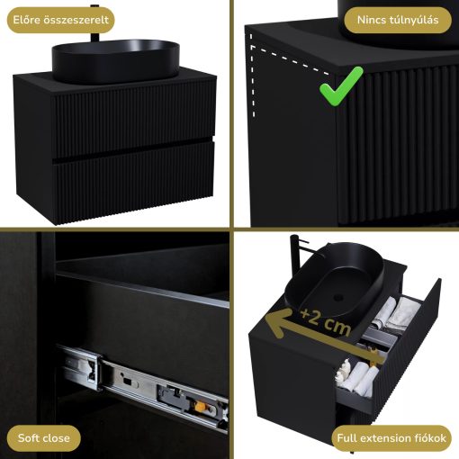 HD Turin Matt Black 60/80 komplett fürdőszoba bútor fali mosdószekrénnyel, fekete mosdópulttal és tükörrel