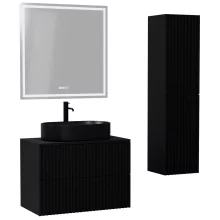 HD Rapallo Pro Matt Black 60 komplett fürdőszoba bútor szett fali push-to-open mosdószekrénnyel, fekete mosdópulttal, tükörrel és magasszekrénnyel