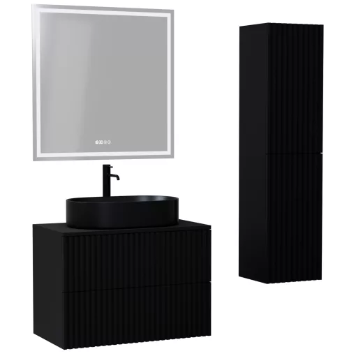 HD Rapallo Pro Matt Black 60 komplett fürdőszoba bútor szett fali push-to-open mosdószekrénnyel, fekete mosdópulttal, tükörrel és magasszekrénnyel