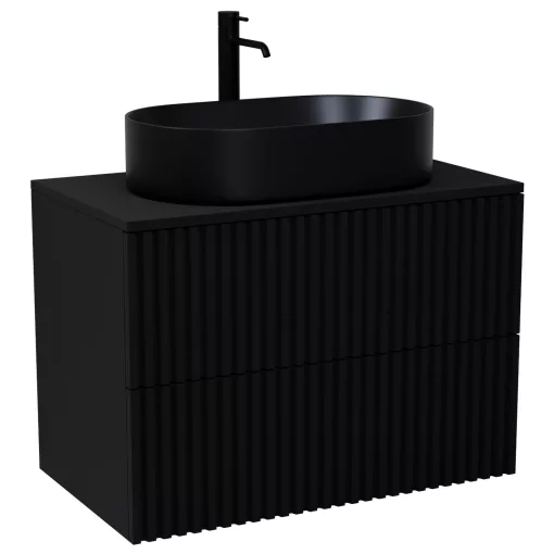 HD Rapallo Pro Matt Black 60 komplett fürdőszoba bútor szett fali push-to-open mosdószekrénnyel, fekete mosdópulttal, tükörrel és magasszekrénnyel