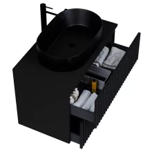 HD Rapallo Pro Matt Black 60 komplett fürdőszoba bútor szett fali push-to-open mosdószekrénnyel, fekete mosdópulttal, tükörrel és magasszekrénnyel