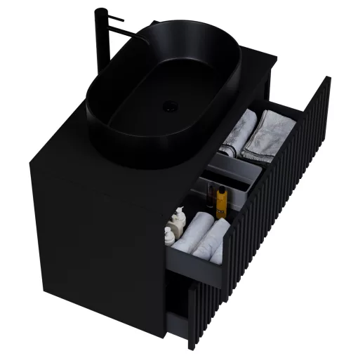 HD Rapallo Pro Matt Black 60 komplett fürdőszoba bútor szett fali push-to-open mosdószekrénnyel, fekete mosdópulttal, tükörrel és magasszekrénnyel