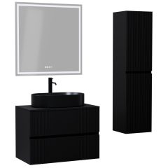   HD Turin Matt Black 60/80 komplett fürdőszoba bútor szett fali mosdószekrénnyel, fekete mosdópulttal, tükörrel és magasszekrénnyel