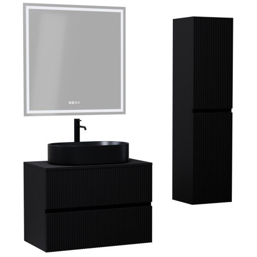 HD Turin Matt Black 60/80 komplett fürdőszoba bútor szett fali mosdószekrénnyel, fekete mosdópulttal, tükörrel és magasszekrénnyel