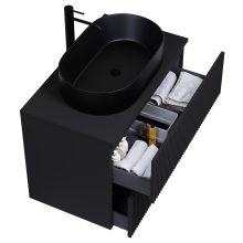 HD Turin Matt Black 60/80 komplett fürdőszoba bútor szett fali mosdószekrénnyel, fekete mosdópulttal, tükörrel és magasszekrénnyel