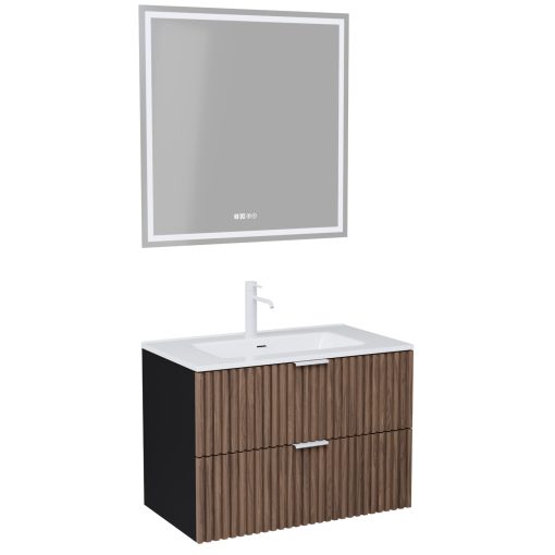 HD Ravello Black-Oak 60 komplett fürdőszoba bútor fali mosdószekrénnyel, matt fehér fogantyúkkal, fényes fehér slim mosdóval és tükörrel