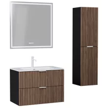 HD Ravello Black-Oak 60 komplett fürdőszoba bútor szett fali mosdószekrénnyel, matt fehér fogantyúkkal, fényes fehér slim mosdóval, tükörrel és magasszekrénnyel