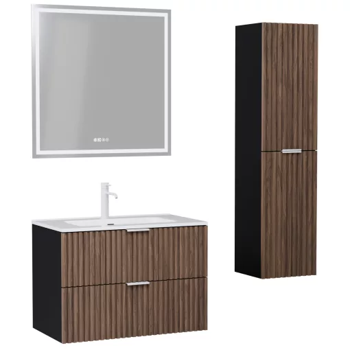 HD Ravello Black-Oak 60 komplett fürdőszoba bútor szett fali mosdószekrénnyel, matt fehér fogantyúkkal, fényes fehér slim mosdóval, tükörrel és magasszekrénnyel