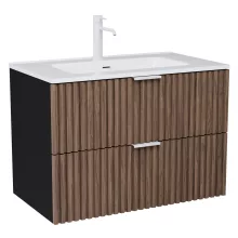 HD Ravello Black-Oak 60 komplett fürdőszoba bútor szett fali mosdószekrénnyel, matt fehér fogantyúkkal, fényes fehér slim mosdóval, tükörrel és magasszekrénnyel