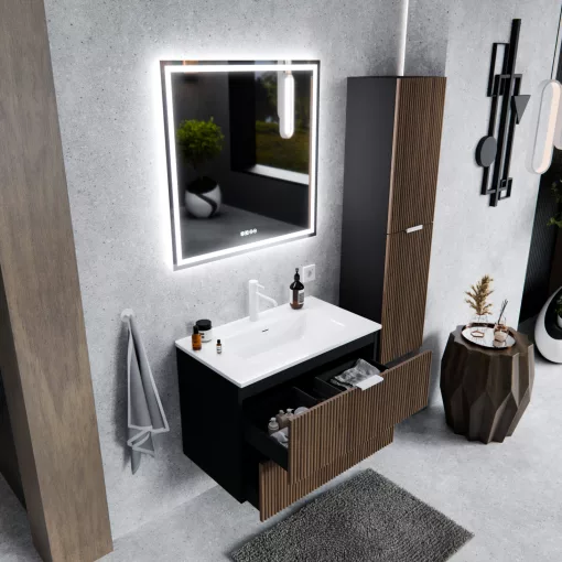 HD Ravello Black-Oak 60 komplett fürdőszoba bútor szett fali mosdószekrénnyel, matt fehér fogantyúkkal, fényes fehér slim mosdóval, tükörrel és magasszekrénnyel