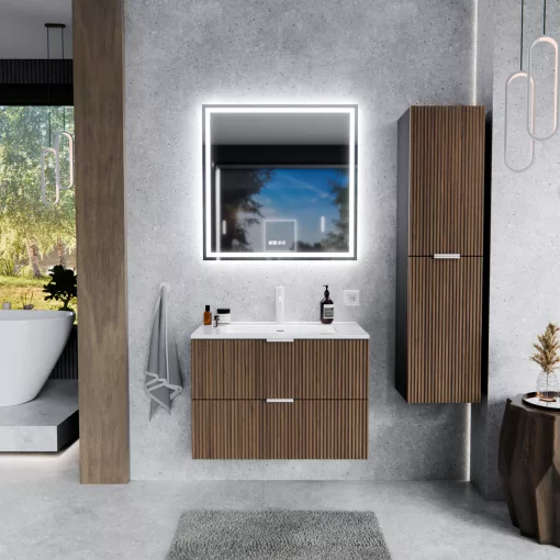 HD Ravello Black-Oak 60 komplett fürdőszoba bútor szett fali mosdószekrénnyel, matt fehér fogantyúkkal, fényes fehér slim mosdóval, tükörrel és magasszekrénnyel