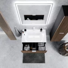 HD Ravello Black-Oak 60 komplett fürdőszoba bútor szett fali mosdószekrénnyel, matt fehér fogantyúkkal, fényes fehér slim mosdóval, tükörrel és magasszekrénnyel