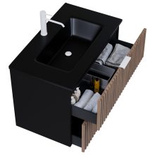 HD Ravello Black-Oak 60 komplett fürdőszoba bútor fali mosdószekrénnyel, matt fehér fogantyúkkal, matt fekete slim mosdóval és tükörrel