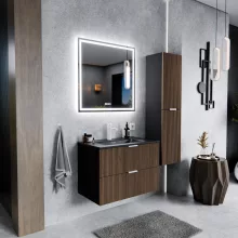HD Ravello Black-Oak 60 komplett fürdőszoba bútor fali mosdószekrénnyel, matt fehér fogantyúkkal, matt fekete slim mosdóval és tükörrel