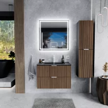 HD Ravello Black-Oak 60 komplett fürdőszoba bútor fali mosdószekrénnyel, matt fehér fogantyúkkal, matt fekete slim mosdóval és tükörrel