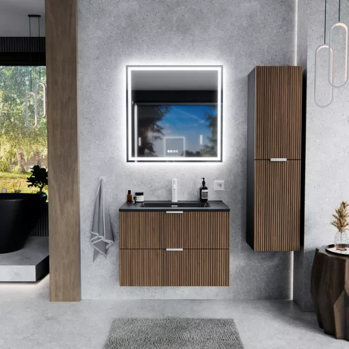 HD Ravello Black-Oak 60 komplett fürdőszoba bútor fali mosdószekrénnyel, matt fehér fogantyúkkal, matt fekete slim mosdóval és tükörrel