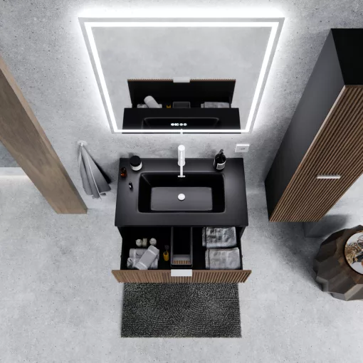 HD Ravello Black-Oak 60 komplett fürdőszoba bútor fali mosdószekrénnyel, matt fehér fogantyúkkal, matt fekete slim mosdóval és tükörrel