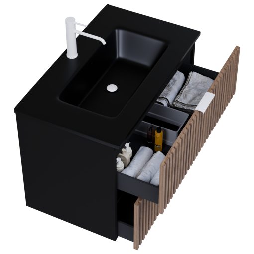 HD Ravello Black-Oak 60 komplett fürdőszoba bútor szett fali mosdószekrénnyel, matt fehér fogantyúkkal, matt fekete slim mosdóval, tükörrel és magasszekrénnyel