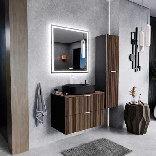 HD Rapallo Black-Oak 60 fali mosdószekrény tölgyfa színű mosdópulttal és matt fehér fogantyúkkal