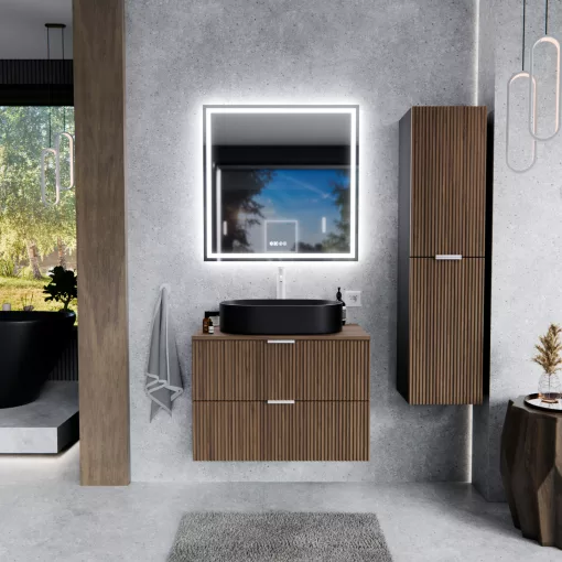 HD Rapallo Black-Oak 60 fali mosdószekrény tölgyfa színű mosdópulttal és matt fehér fogantyúkkal