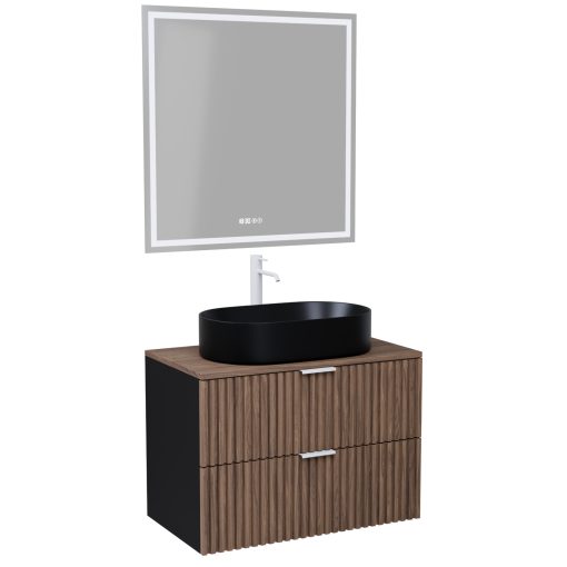 HD Rapallo Black-Oak 60 komplett fürdőszoba bútor fali mosdószekrénnyel, matt fehér fogantyúkkal, tölgyfa színű mosdópulttal és tükörrel