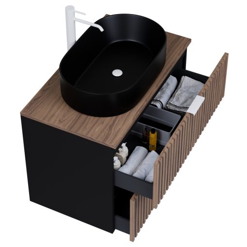 HD Rapallo Black-Oak 60 komplett fürdőszoba bútor fali mosdószekrénnyel, matt fehér fogantyúkkal, tölgyfa színű mosdópulttal és tükörrel