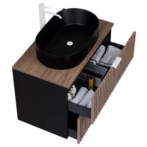 HD Rapallo Black-Oak 60 komplett fürdőszoba bútor szett fali mosdószekrénnyel, matt fehér fogantyúval, tölgyfa színű mosdópulttal, tükörrel és magasszekrénnyel