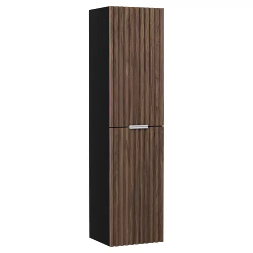 HD Rapallo Black-Oak 60 komplett fürdőszoba bútor szett fali mosdószekrénnyel, matt fehér fogantyúval, tölgyfa színű mosdópulttal, tükörrel és magasszekrénnyel