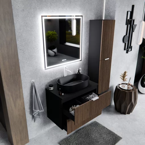 HD Rapallo Black-Oak 60 fali mosdószekrény matt fekete mosdópulttal és matt fehér fogantyúkkal