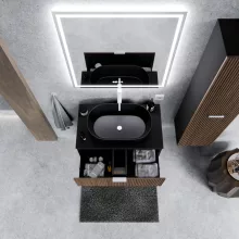 HD Rapallo Black-Oak 60 fali mosdószekrény matt fekete mosdópulttal és matt fehér fogantyúkkal