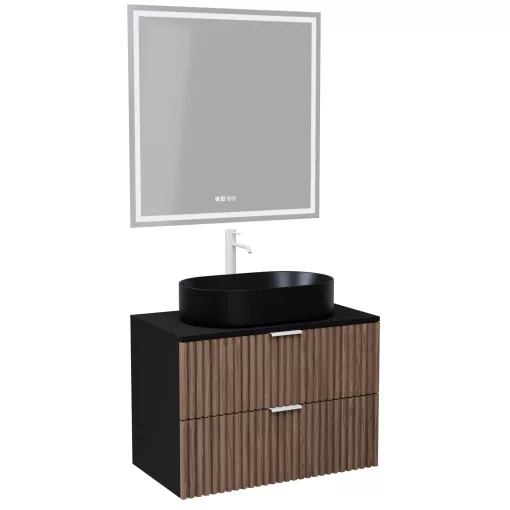 HD Rapallo Black-Oak 60 komplett fürdőszoba bútor fali mosdószekrénnyel, matt fehér fogantyúkkal, fekete mosdópulttal és tükörrel